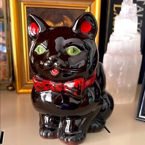 Vintage Shafford Black Cat Planter with Green Eyes Red Bow Japan Redware